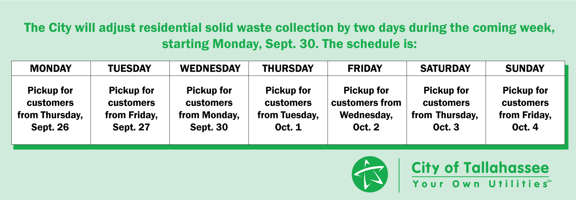 Updated Solid Waste Schedule for week of Sep. 30